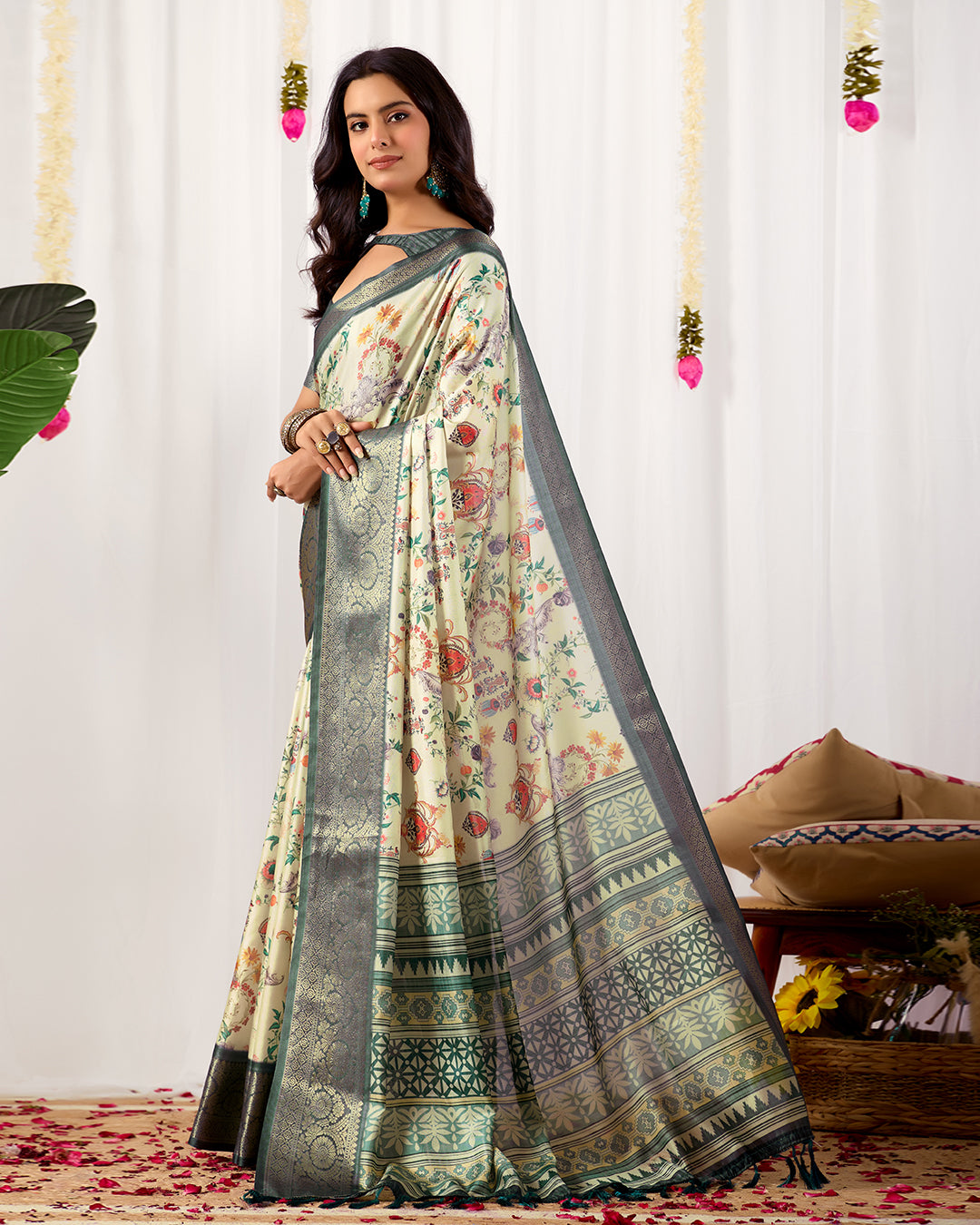 Premium Soft Lichi Silk Saree adorned with vibrant digital floral prints, complemented by a rich