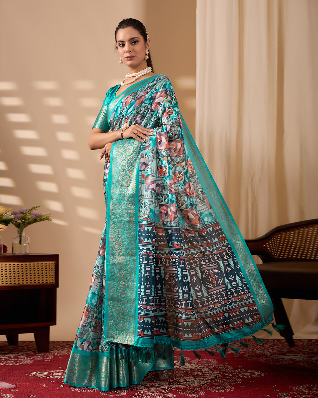 Premium Soft Lichi Silk Saree in Elegant Sea Green Shade, adorned with Artistic Abstract