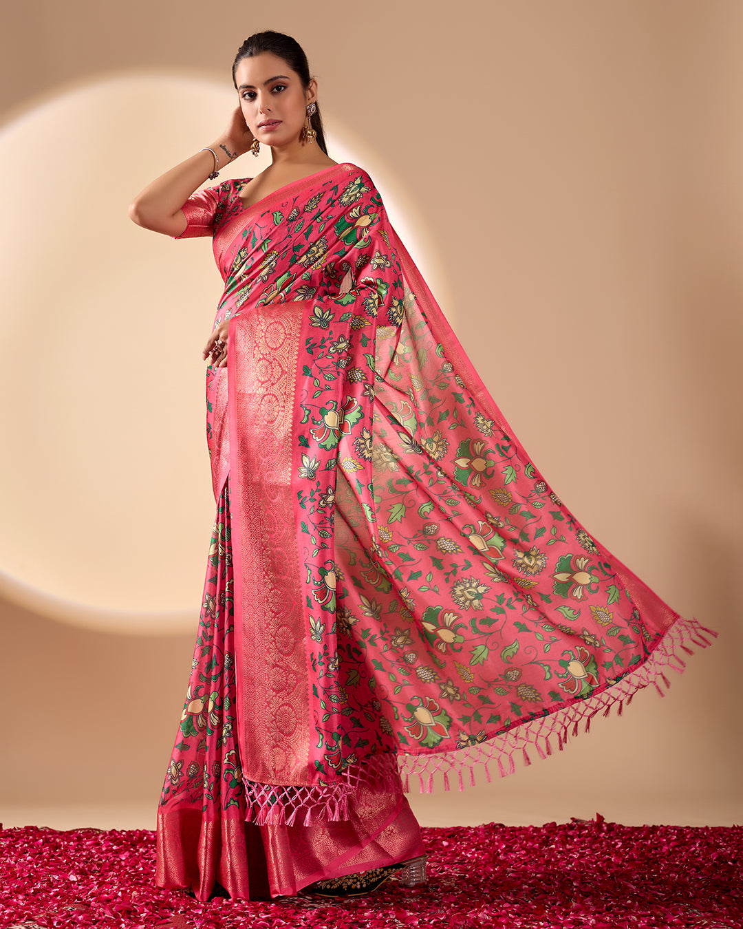 Soft Lichi Silk Saree enriched with vibrant floral digital prints and a beautifully woven zari border