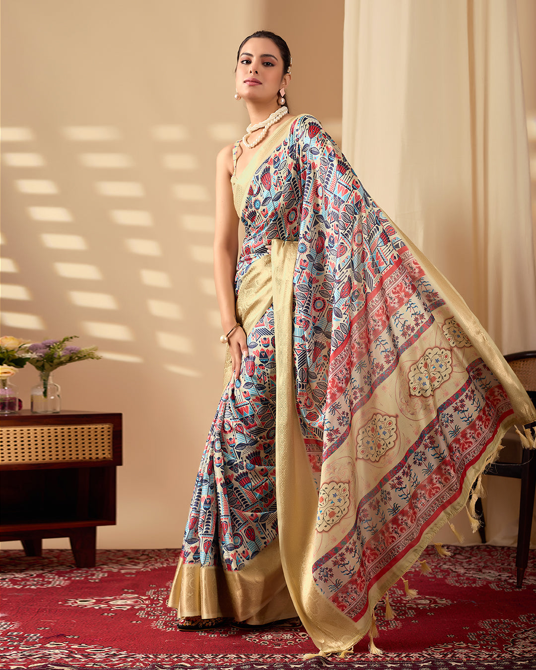 Exquisite Soft Lichi Silk Saree enriched with artistic multicolor digital weaving and a grand golden zari border