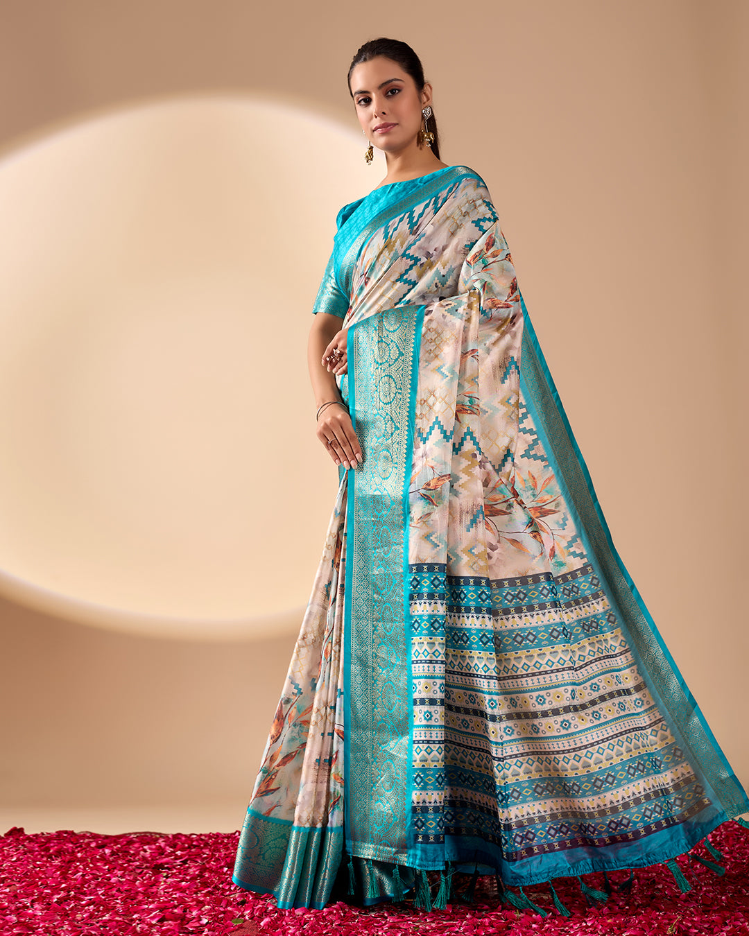 Soft Lichi Silk Saree featuring an Exquisite Combination of Modern Digital Print and Rich Traditional Zari Woven Border