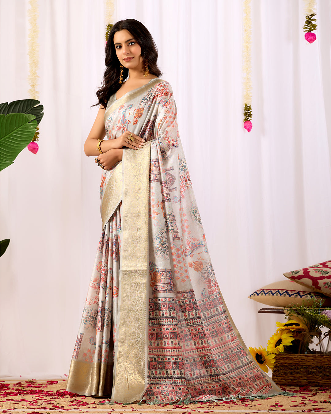 Elegant Soft Lichi Silk Saree featuring royal ethnic motifs with a lavish golden zari woven border