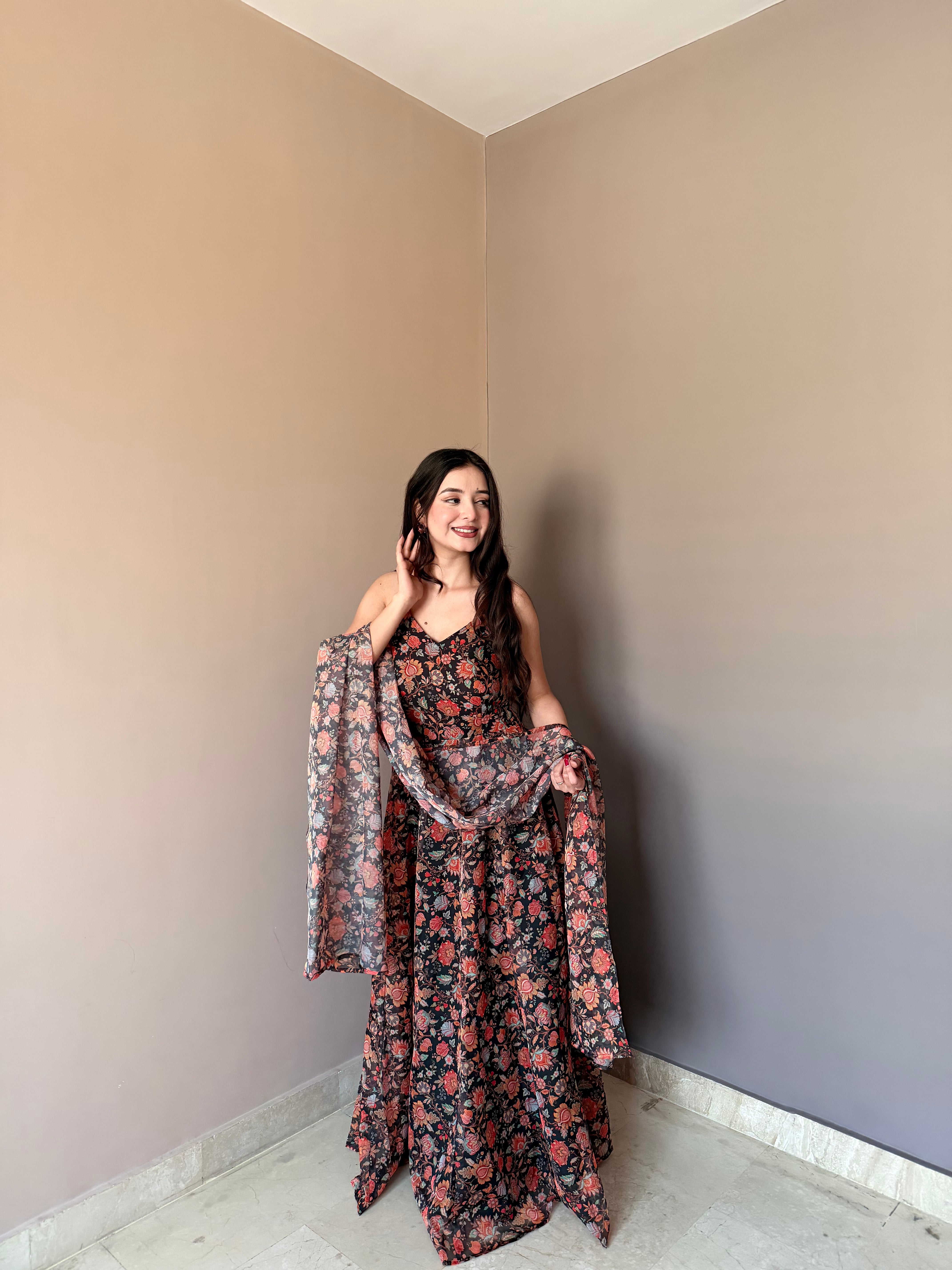 Premium Floral Printed Organza Gown Set with Matching Dupatta