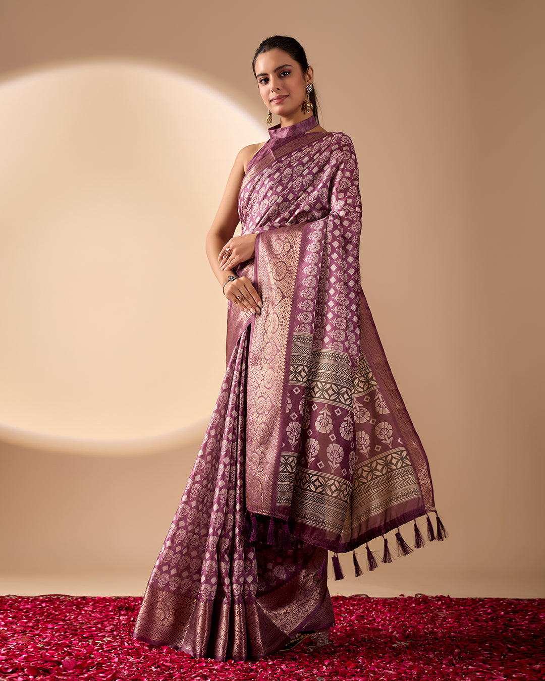 Regal Soft Lichi Silk Saree adorned with intricate digital ethnic weaving motifs and a luxurious golden zari border