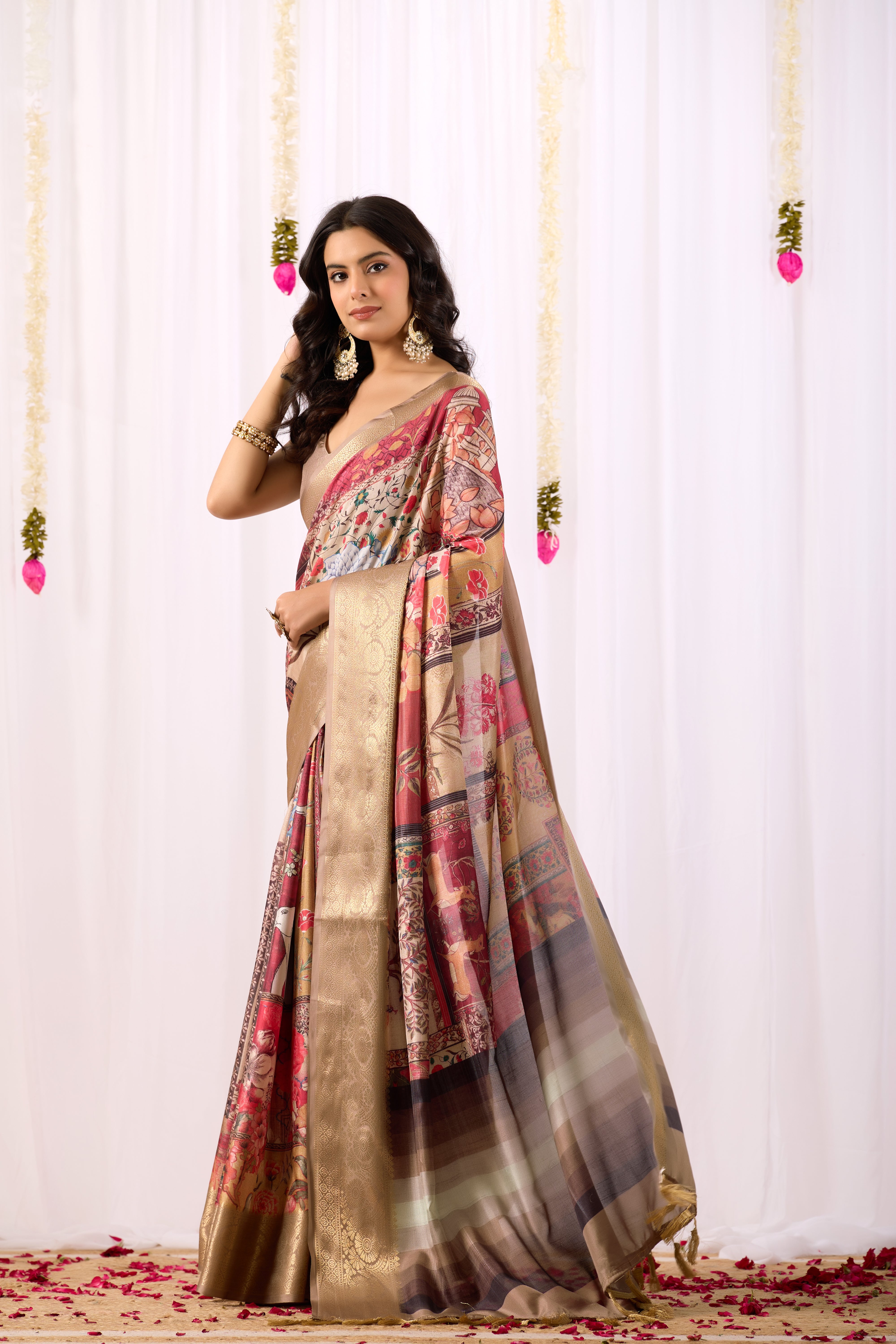 Soft Lichi Silk Saree featuring an Elegant Tribal Art Print with a Luxurious Rich Zari Border