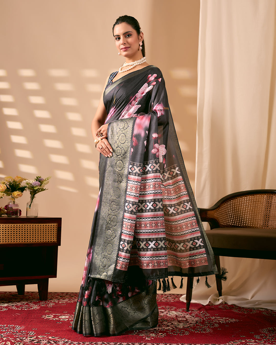 Stunning Soft Lichi Silk Saree featuring digital floral artistry on a deep elegant base with a rich golden zari border