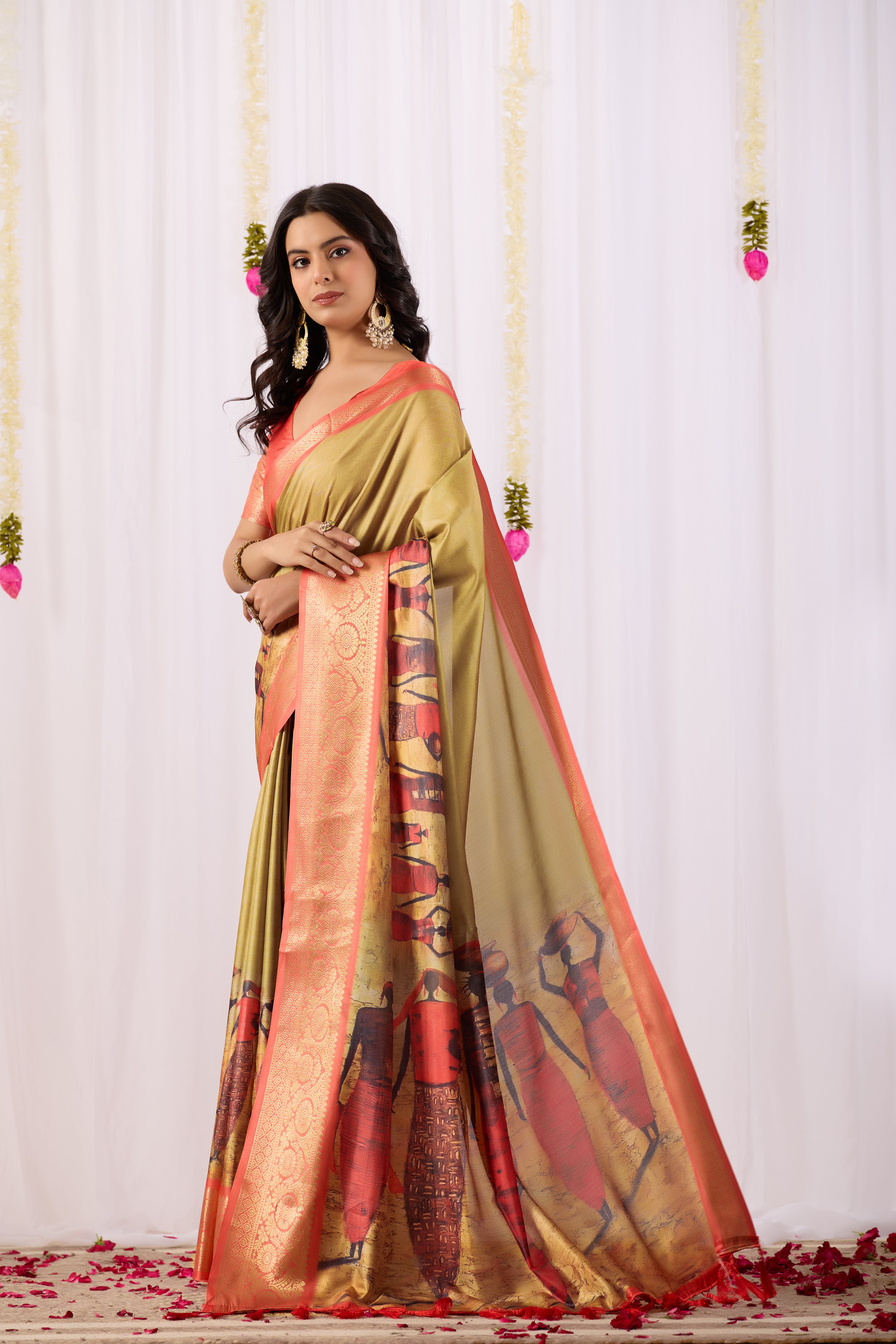 Soft Lichi Silk Saree with Elegant Tribal Art Print and Rich Zari Border