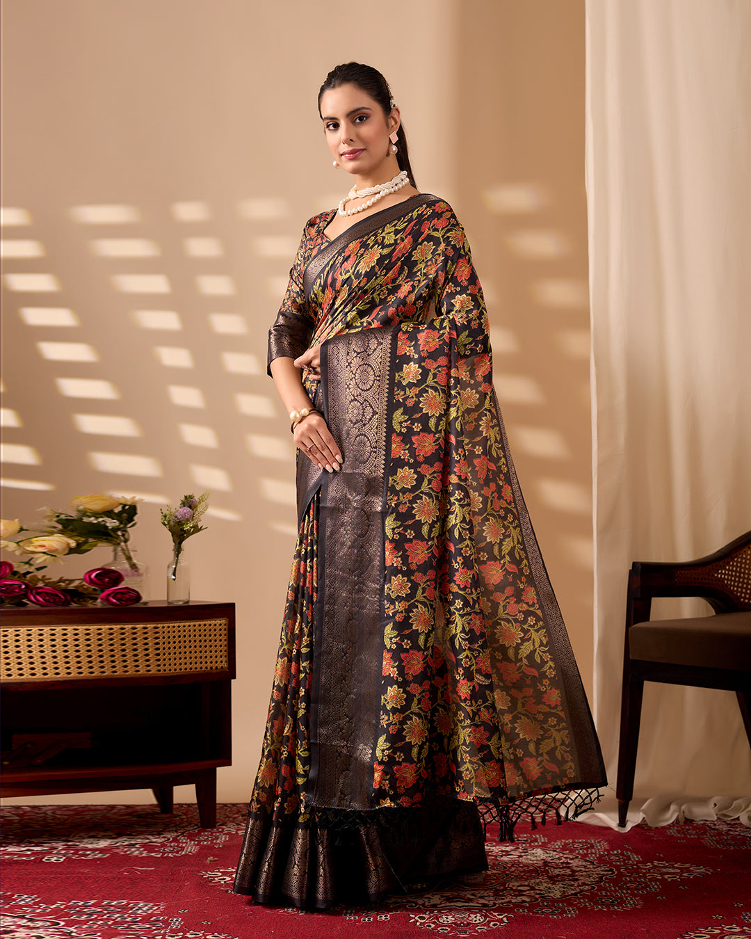 Exquisite Soft Lichi Silk Saree featuring stunning digital floral motifs on a rich black base
