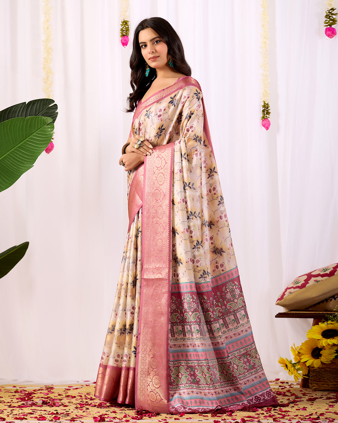 Premium Soft Lichi Silk Saree featuring mesmerizing floral digital prints beautifully enhanced with an elegant contrast zari woven border