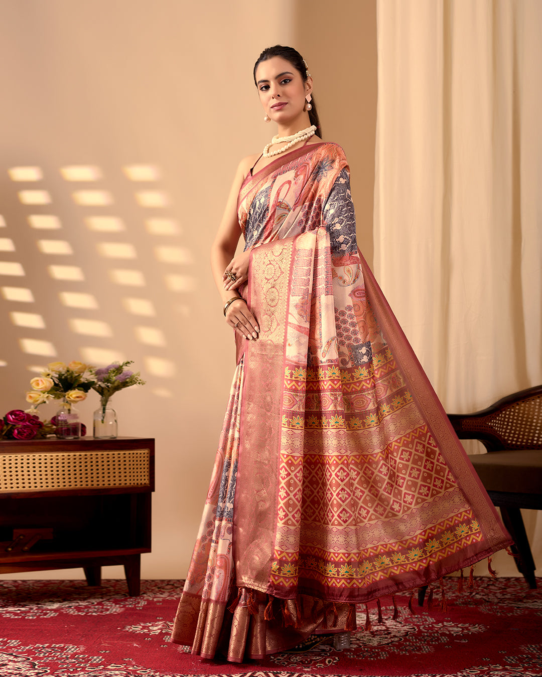 Premium Soft Lichi Silk Saree in an Elegant Peach & Multicolor Shade, beautifully adorned with Traditional and Artistic Digital Prints