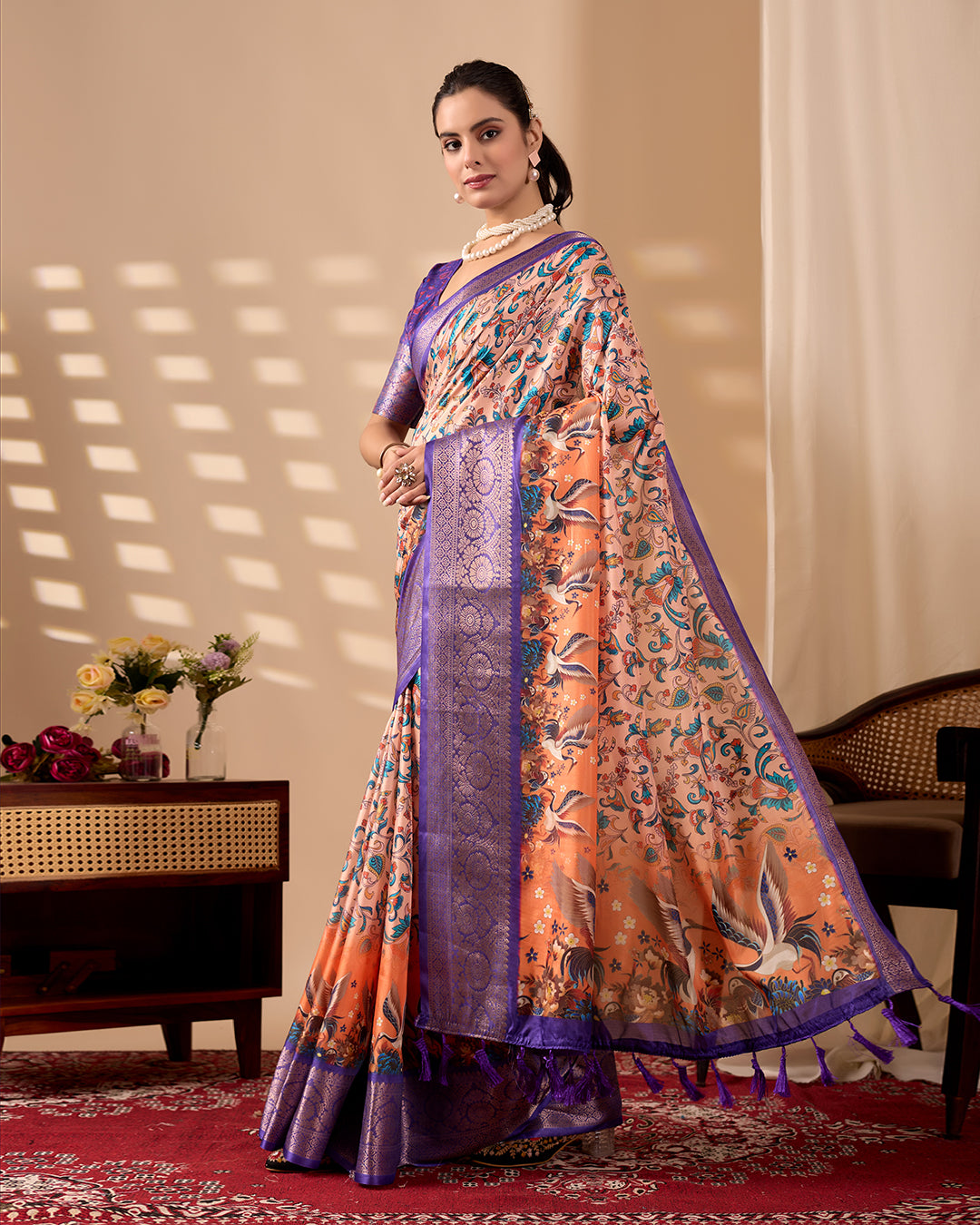 Elegant Soft Lichi Silk Saree featuring exquisite digital ethnic motifs and a royal purple golden zari border