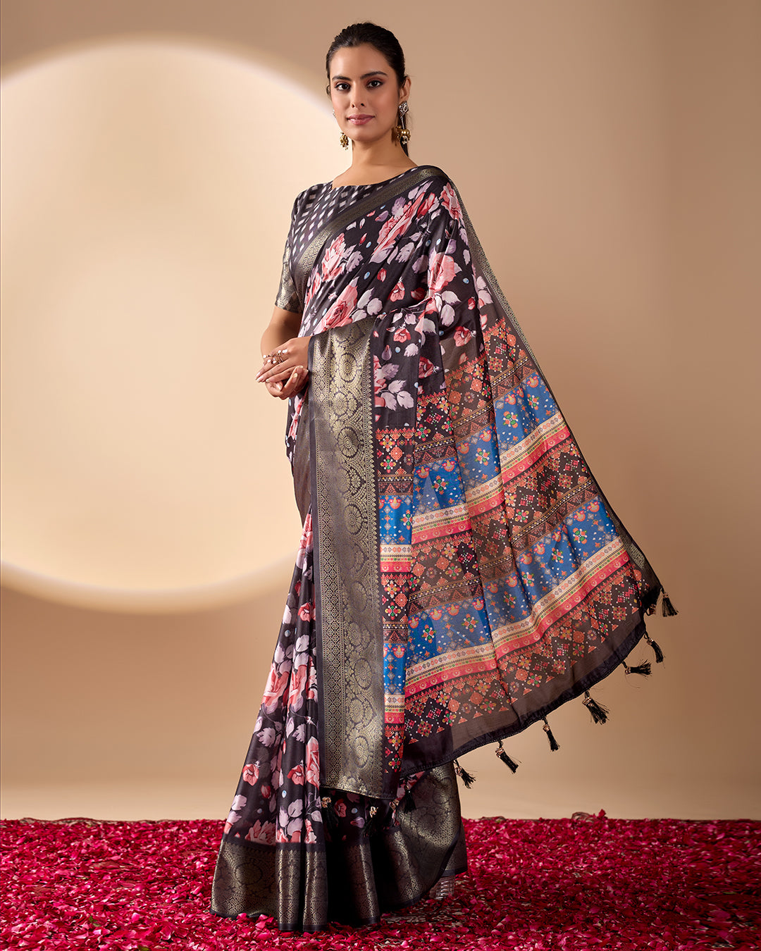 Premium Soft Lichi Silk Saree in Rich Black Tone, adorned with Artistic Floral Prints and a Vibrant Traditional Multicolor Pallu