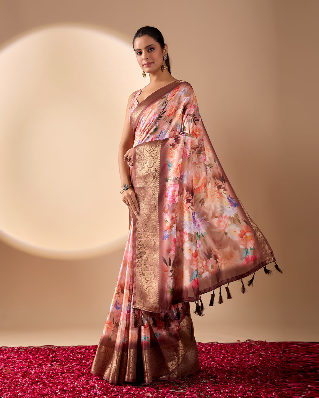 Elegant Soft Lichi Silk Saree featuring mesmerizing digital floral patterns and a rich golden zari border