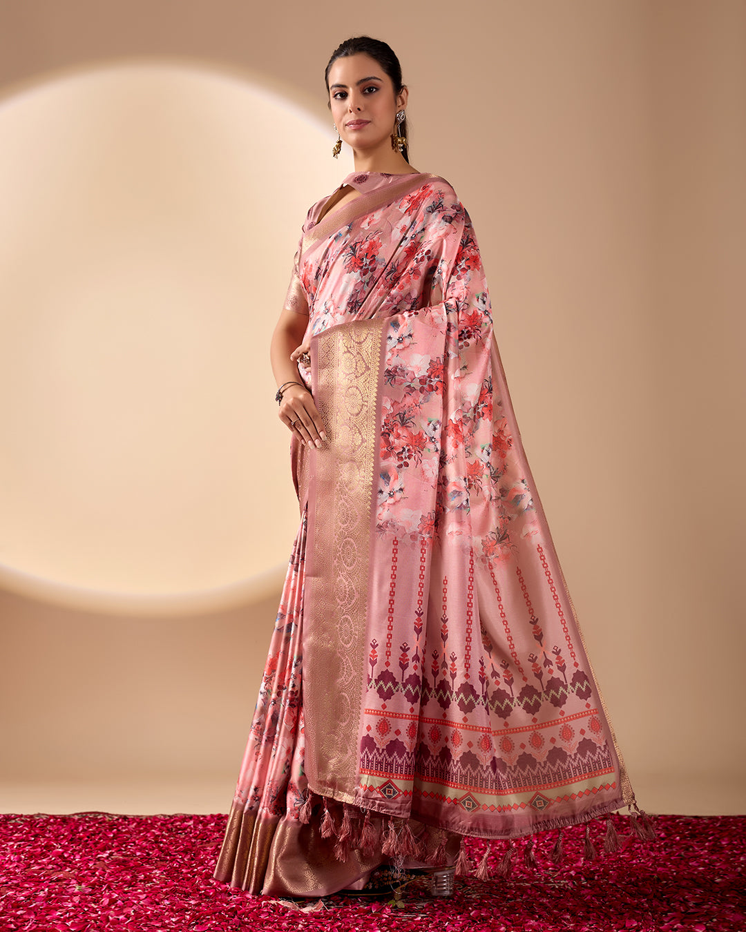 Gorgeous Soft Lichi Silk Saree with enchanting digital floral prints and a rich golden zari border