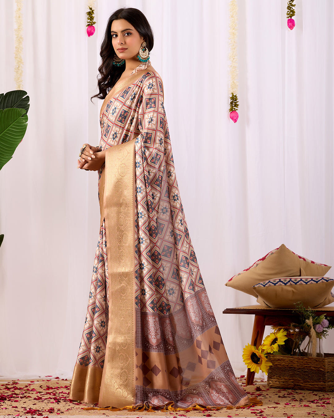 Premium Soft Lichi Silk Saree featuring elegant traditional geometric patterns, beautifully enhanced with a luxurious golden zari woven border
