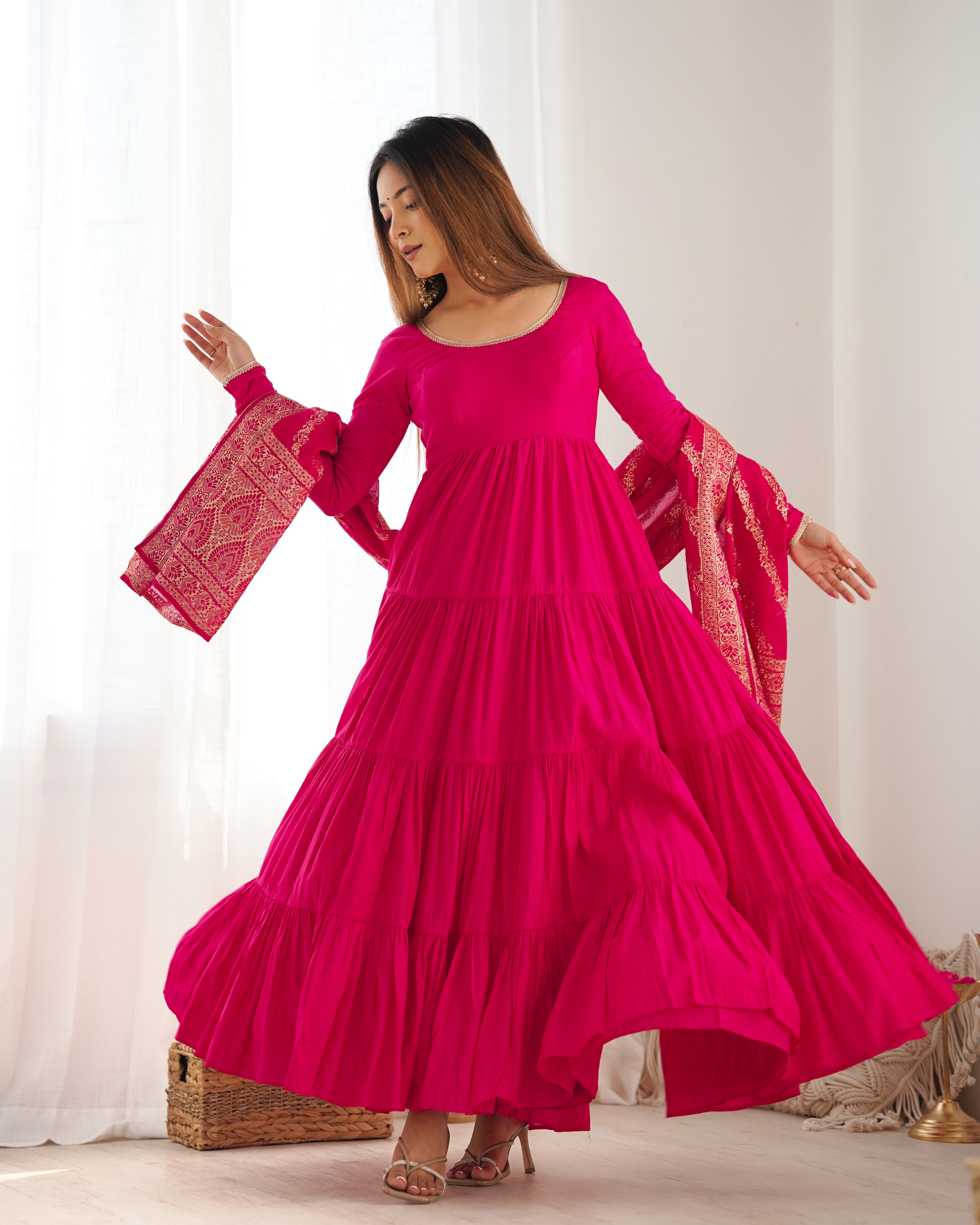 PURE ROMANSILK CHANDERI FABRIC FULLY FLAIR ANARKALI,WITH DUPPTA SET,PENT READY TO WEAR