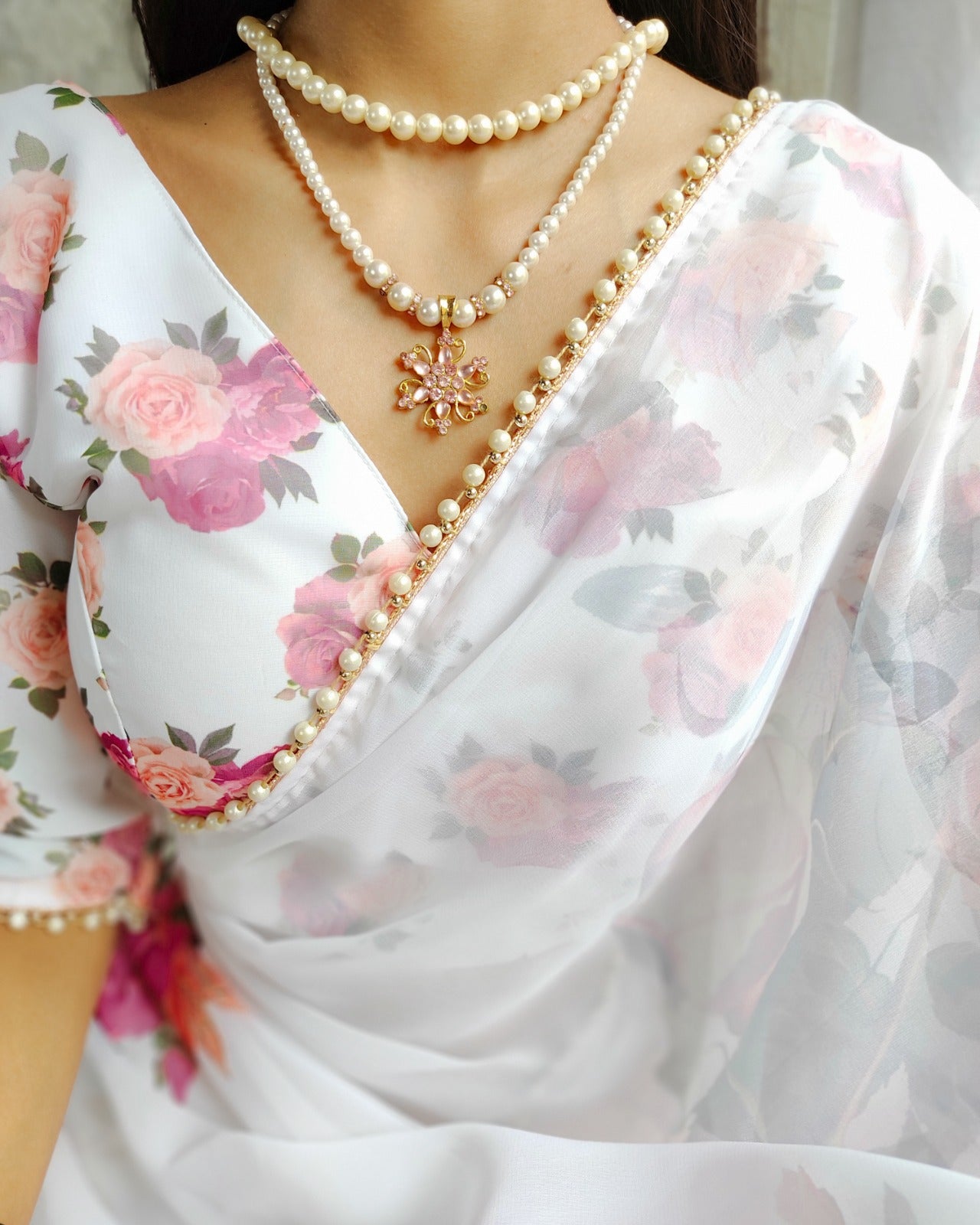 Georgette Printed with pearl lace border Saree