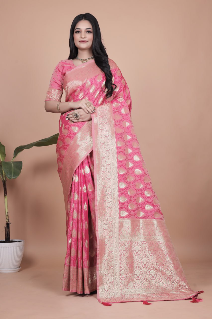 Rani Pink Banarasi Silk Saree with Golden Zari Weaving