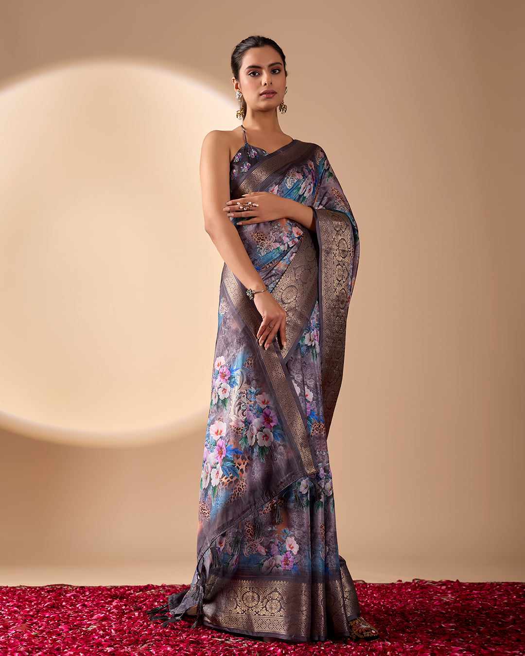 Gorgeous Soft Lichi Silk Saree featuring enchanting digital floral prints on a rich smoky grey base with an intricate golden zari border
