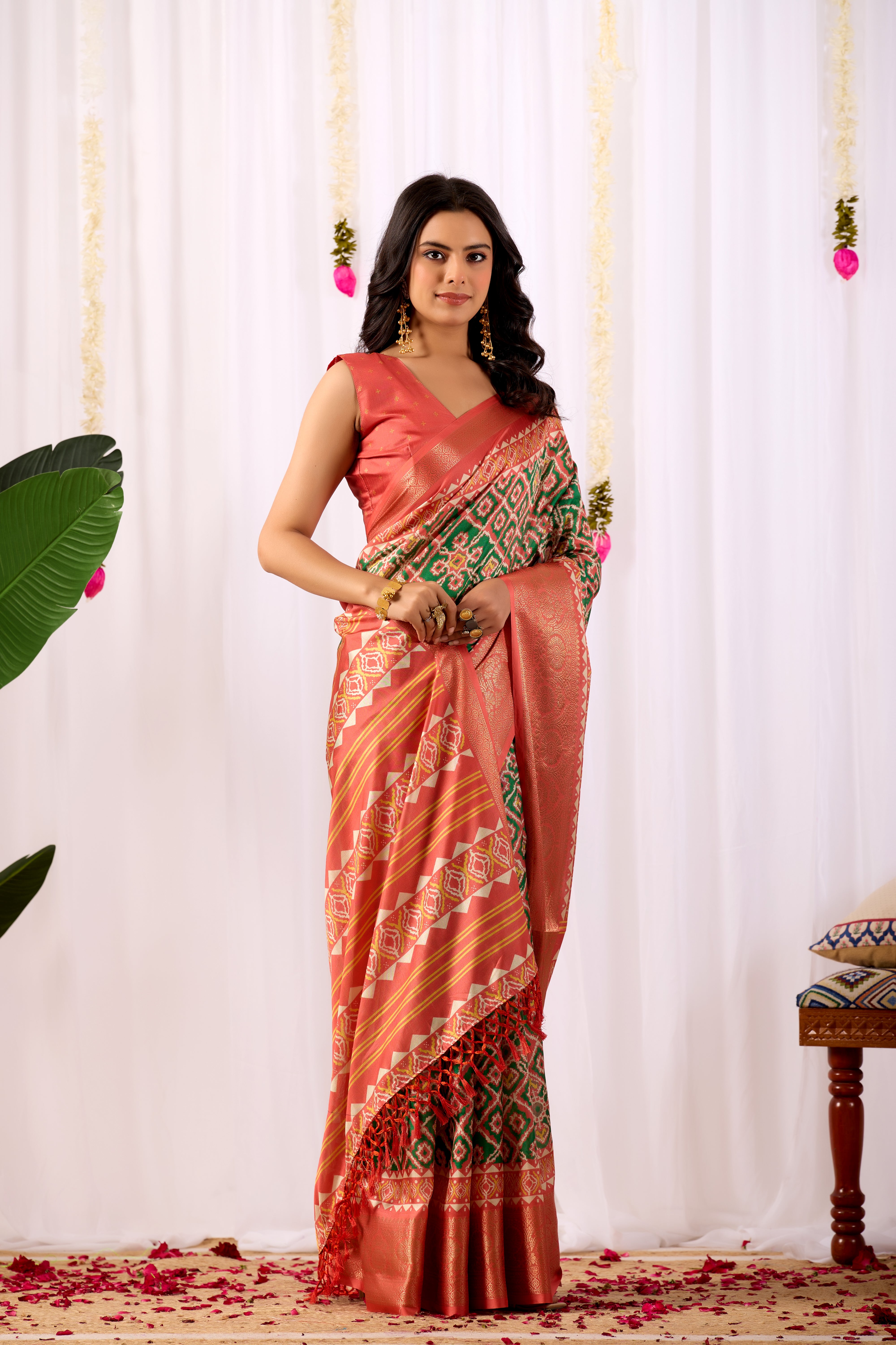 Soft Lichi Silk Saree with Exquisite Patola-Inspired Geometric Print and a Lavish Zari Woven Border