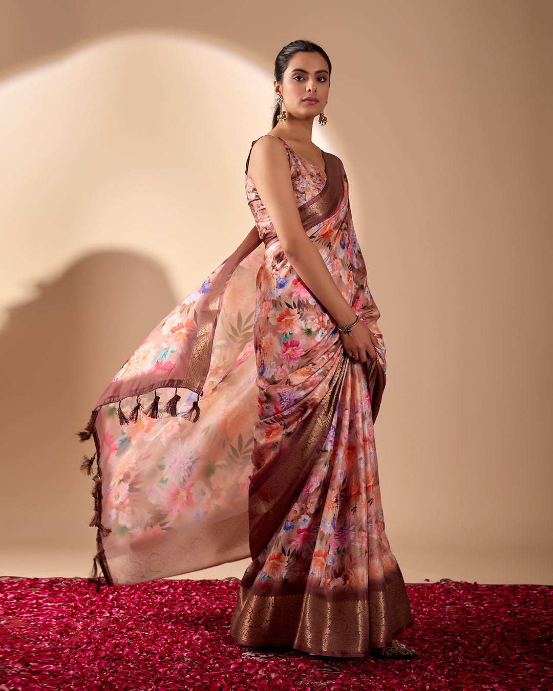 Elegant Soft Lichi Silk Saree featuring mesmerizing digital floral patterns and a rich golden zari border