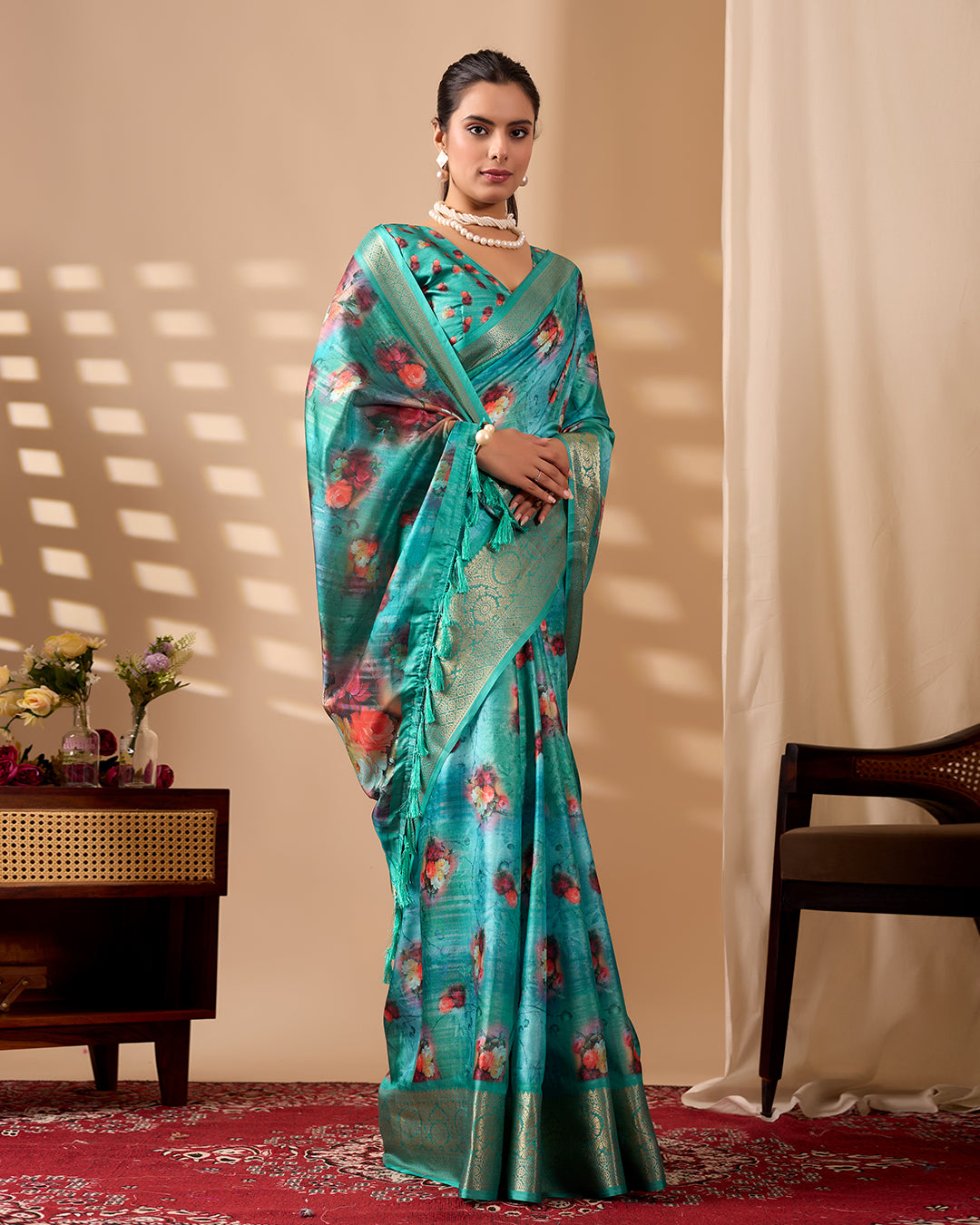 Elegant Soft Lichi Silk Saree adorned with digital floral patterns and a rich golden zari border