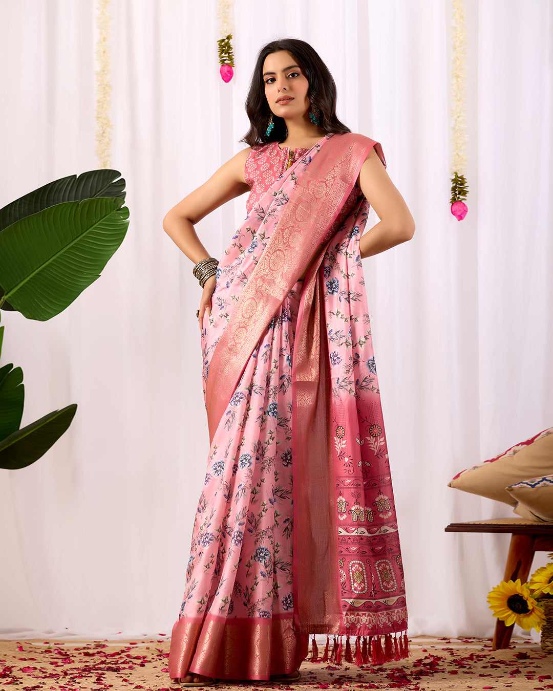 Soft Lichi Silk Saree in Blush Pink Tone, adorned with delicate all-over floral digital prints and complemented by a rich woven zari border