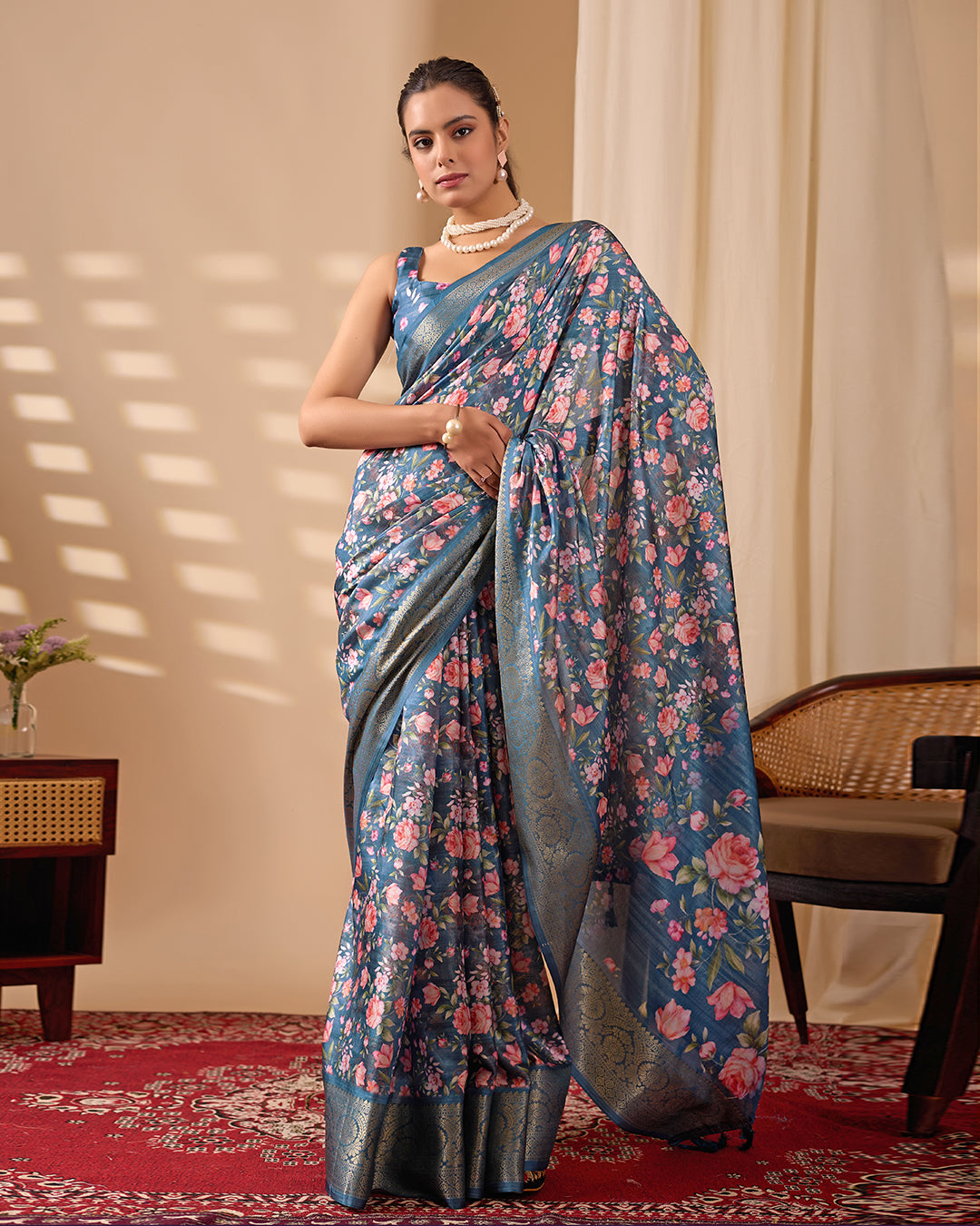 Gorgeous Soft Lichi Silk Saree in Deep Teal Blue, adorned with Romantic Rose Floral Digital Prints