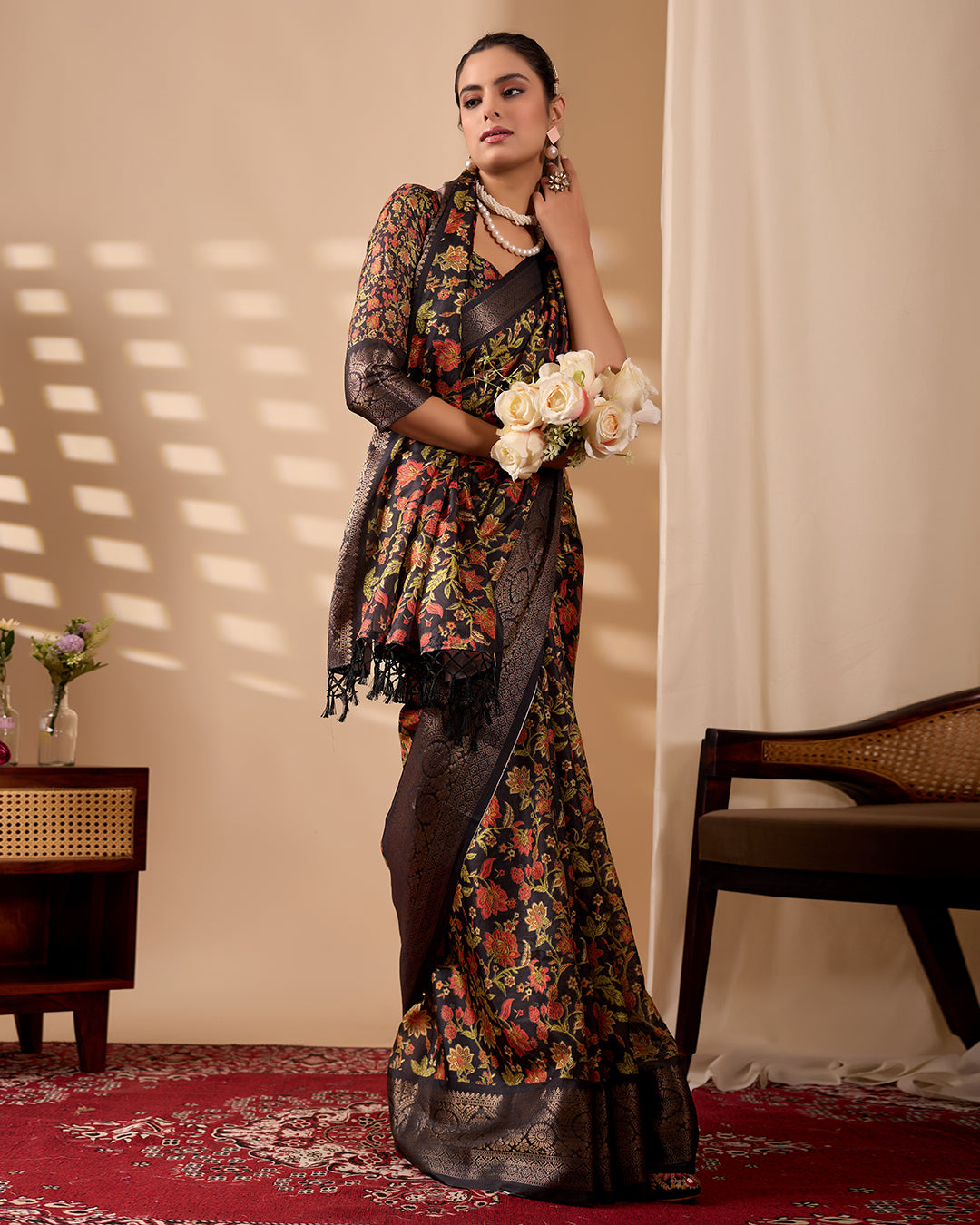 Exquisite Soft Lichi Silk Saree featuring stunning digital floral motifs on a rich black base