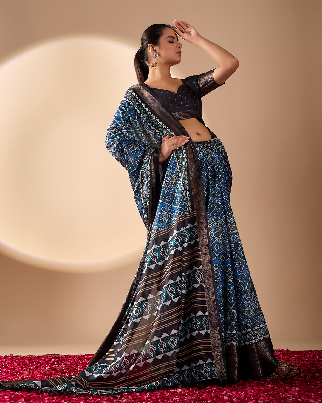 Exquisite Soft Lichi Silk Saree featuring elegant digital ethnic geometric designs paired
