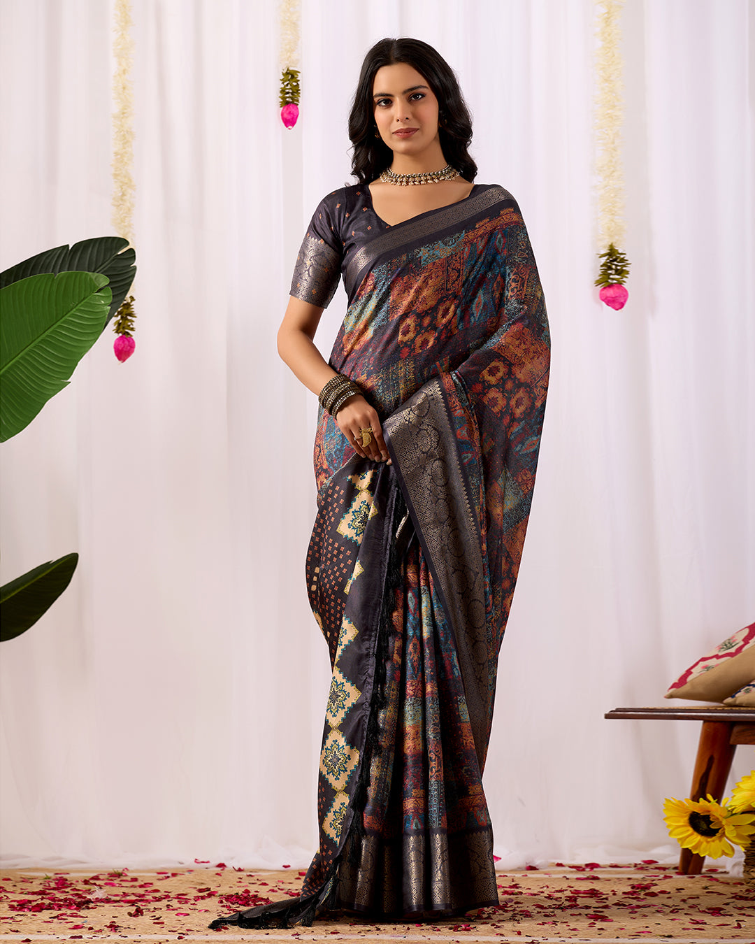 Elegant Soft Lichi Silk Saree with mesmerizing digital ethnic patterns