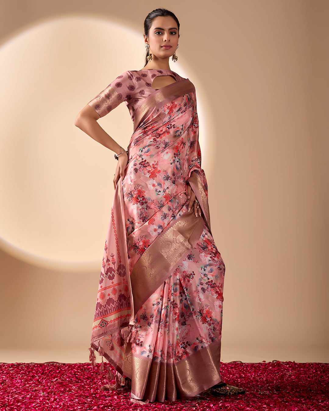 Gorgeous Soft Lichi Silk Saree with enchanting digital floral prints and a rich golden zari border