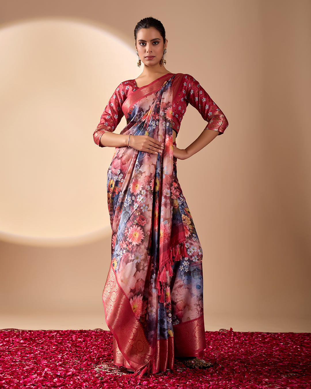 Luxurious Soft Lichi Silk Saree in Deep Wine Rose Shade featuring enchanting floral digital prints and complemented by a rich woven zari border