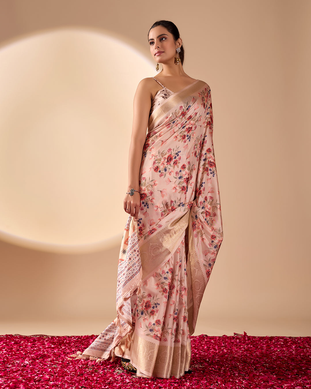 Premium Soft Lichi Silk Saree featuring enchanting floral digital weaving with a rich golden zari border