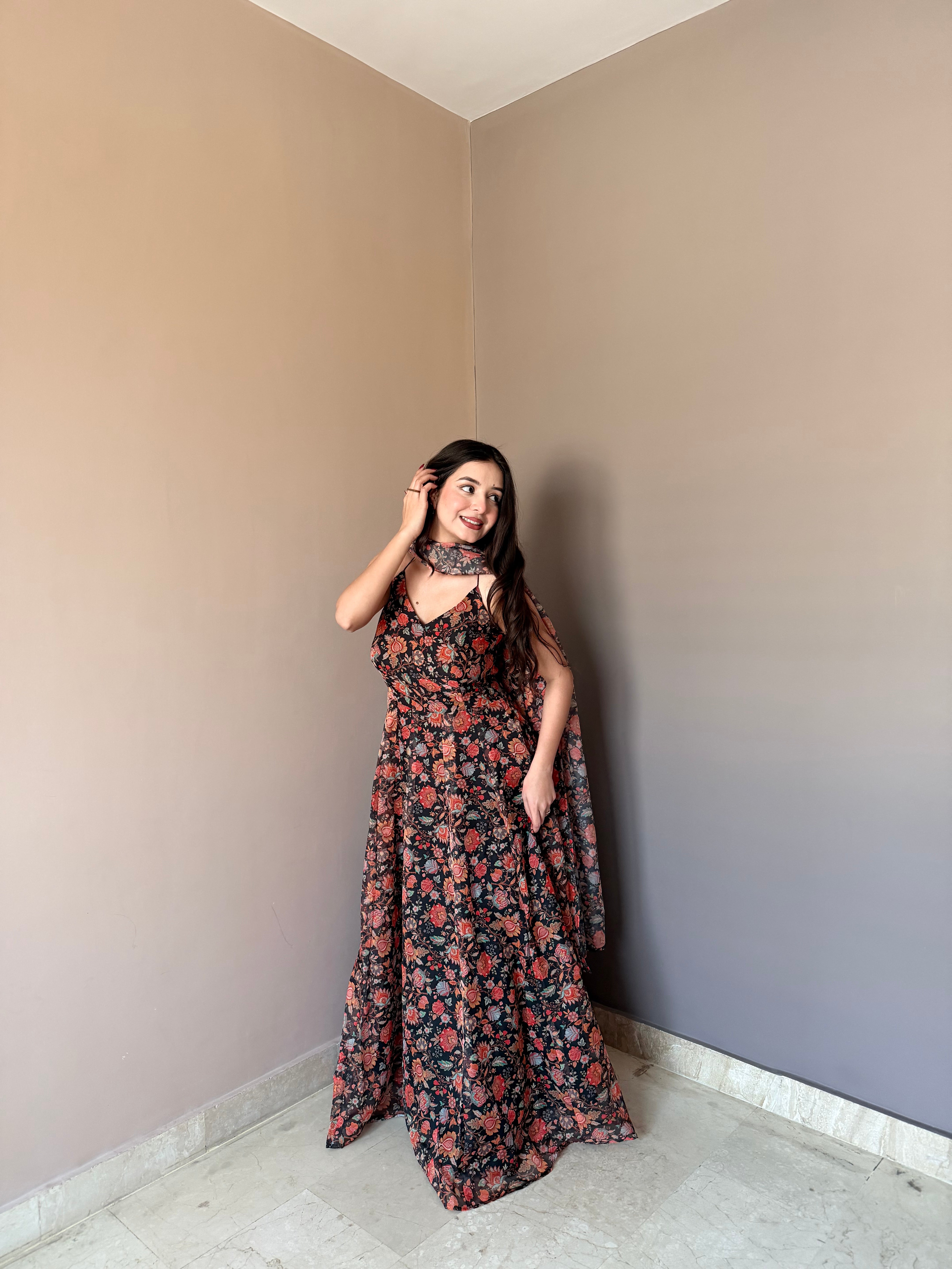 Premium Floral Printed Organza Gown Set with Matching Dupatta