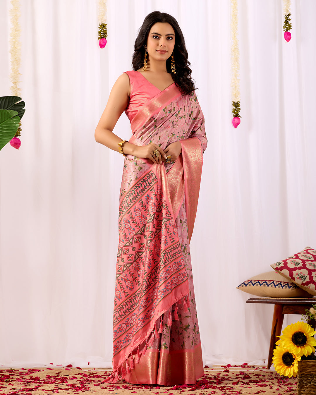 Premium Soft Lichi Silk Saree with a delicate floral print and a rich zari woven border