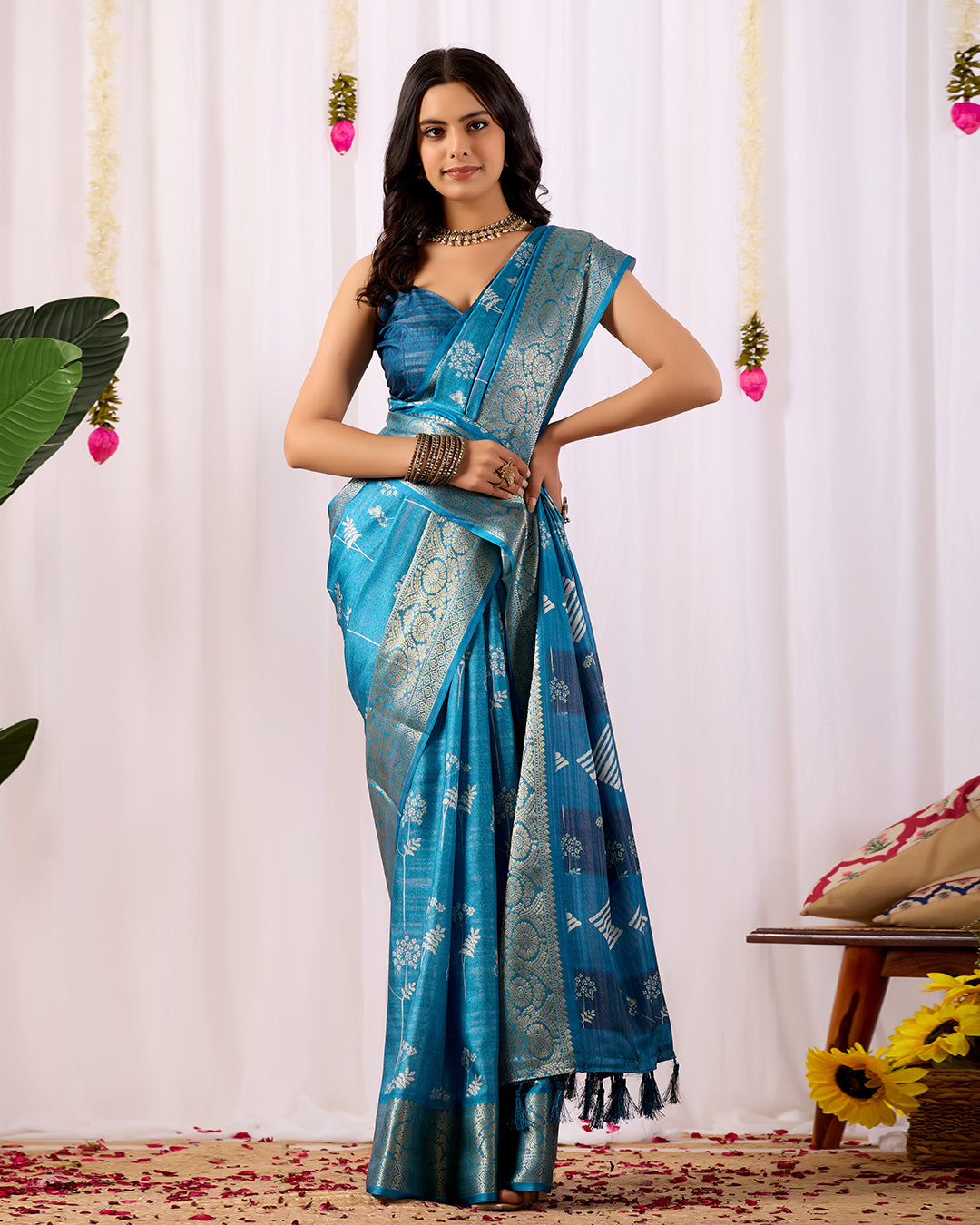 Premium Soft Lichi Silk Saree highlighted with graceful silver zari weaving and intricate ethnic motifs