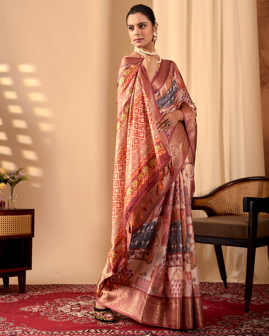 Premium Soft Lichi Silk Saree in an Elegant Peach & Multicolor Shade, beautifully adorned with Traditional and Artistic Digital Prints
