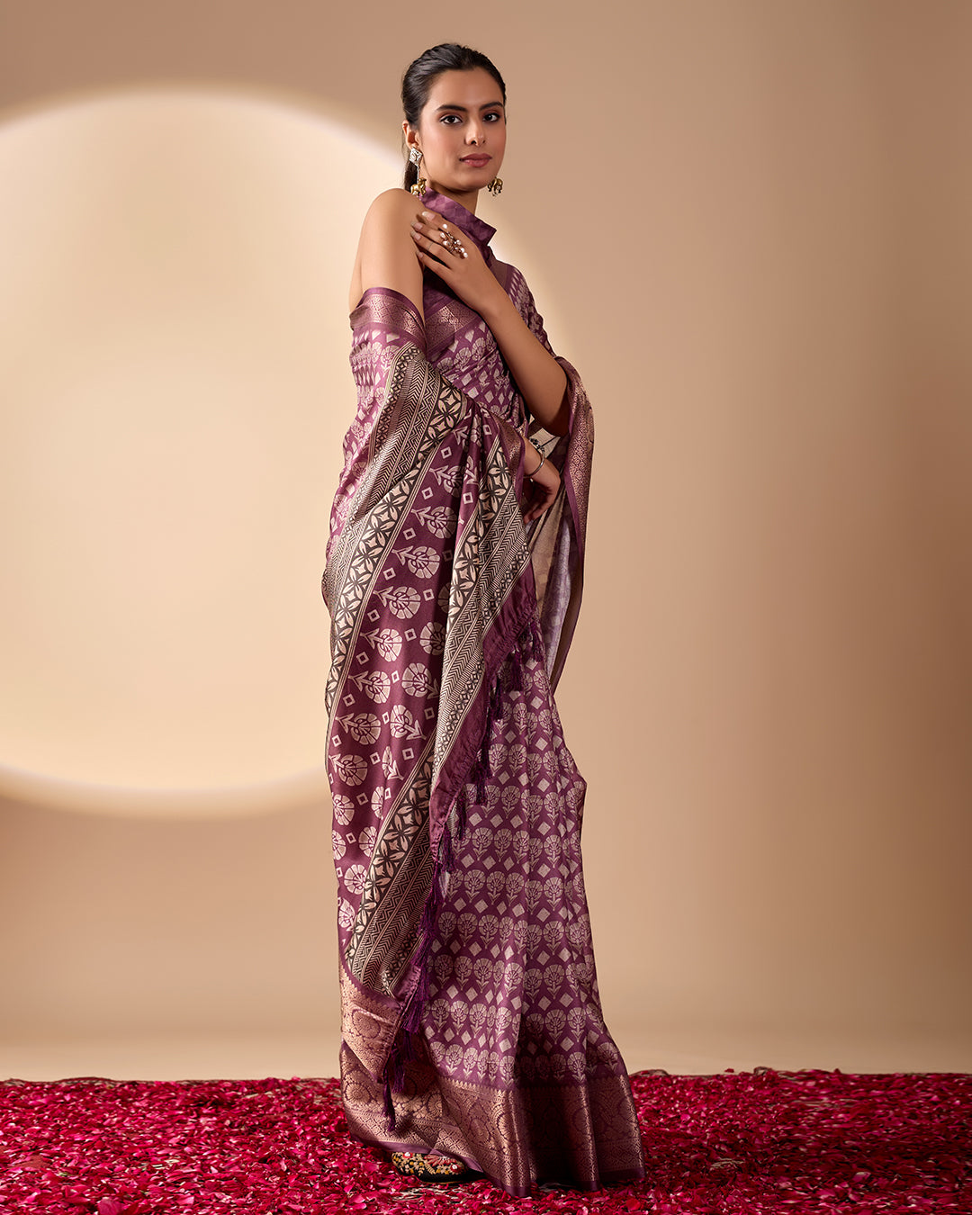 Regal Soft Lichi Silk Saree adorned with intricate digital ethnic weaving motifs and a luxurious golden zari border