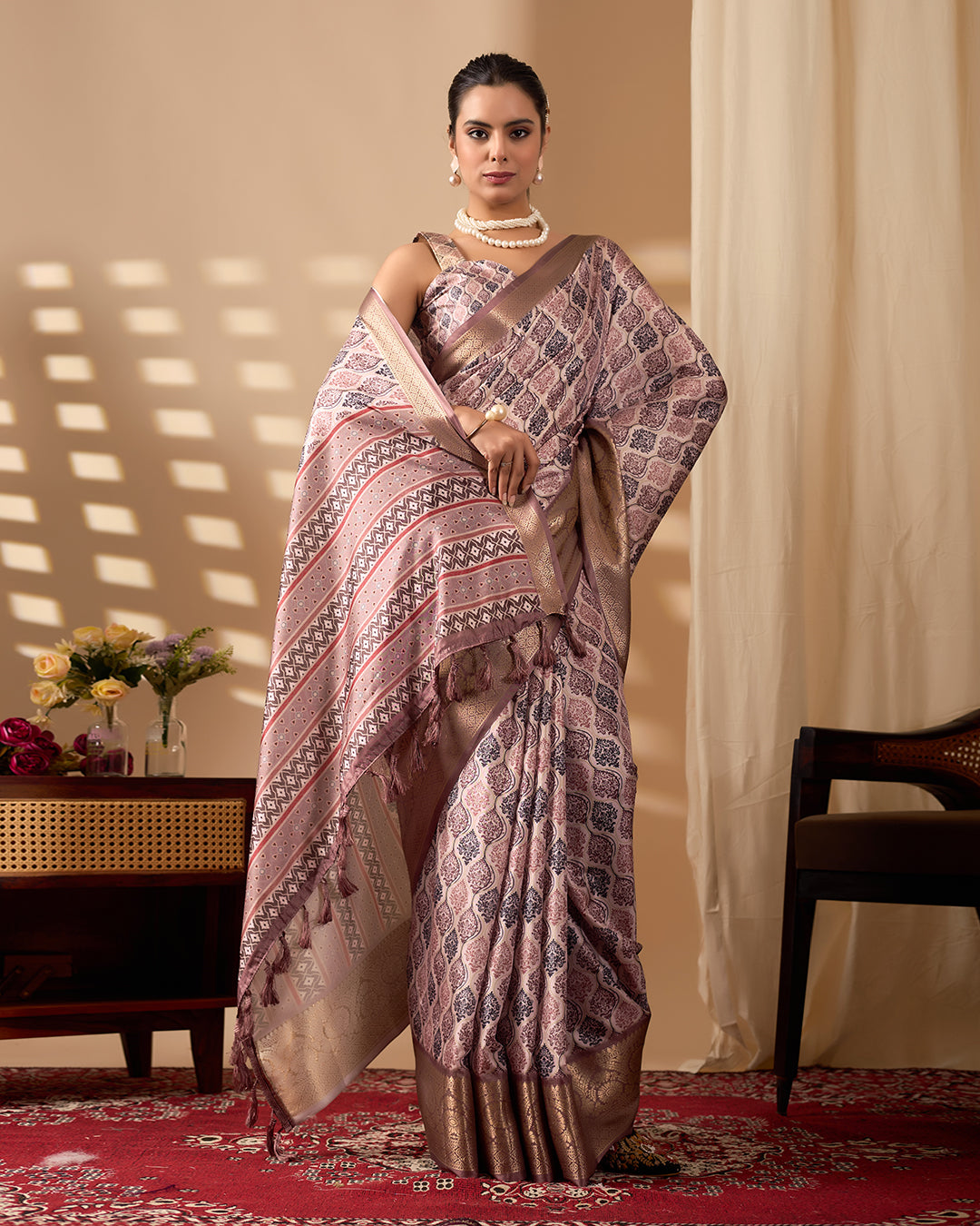 Elegant Soft Lichi Silk Saree beautifully crafted with intricate digital weaving patterns and a rich golden zari border