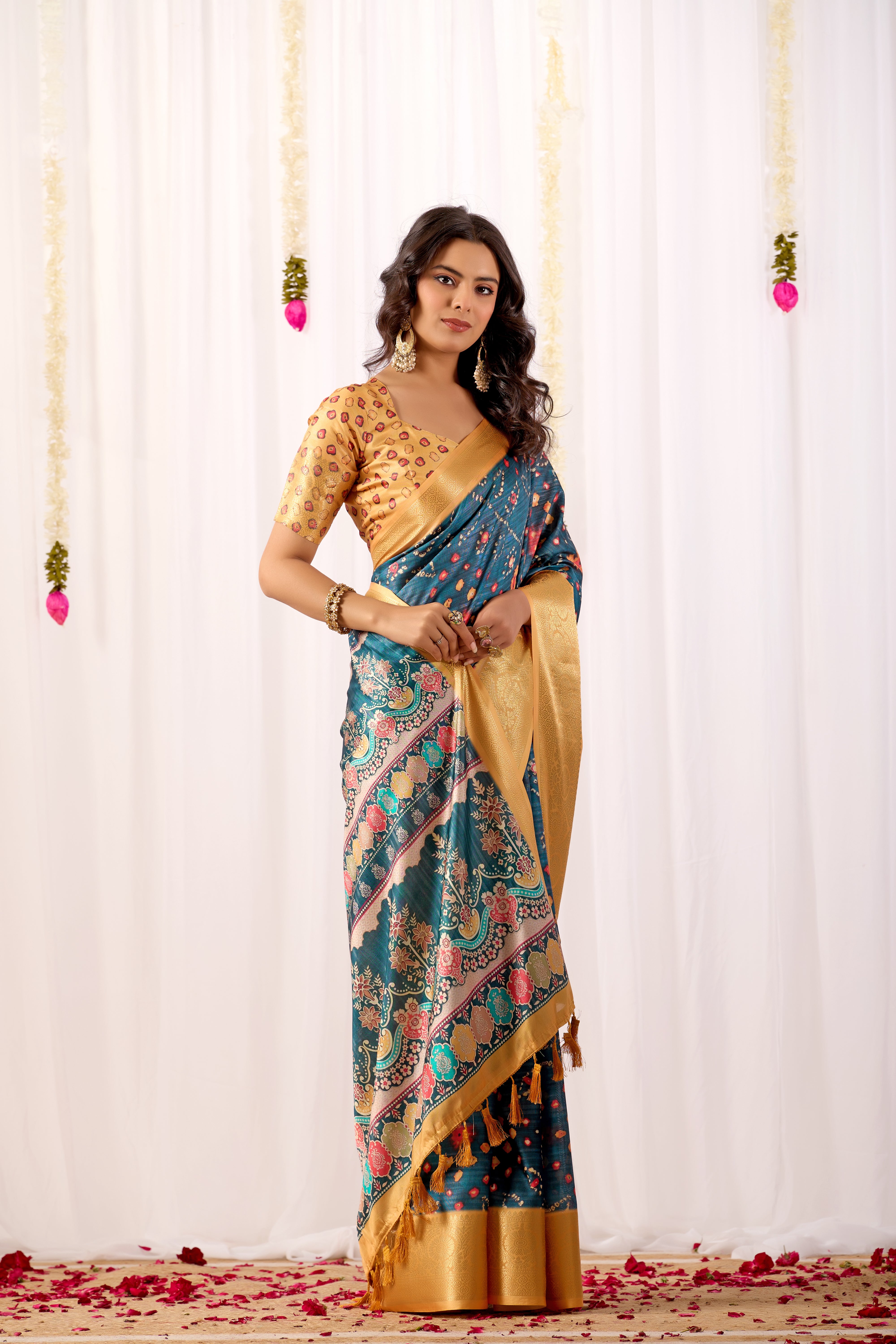 Soft Lichi Silk Saree featuring an Elegant Tribal Art Print complemented by a Luxurious Rich Zari Border