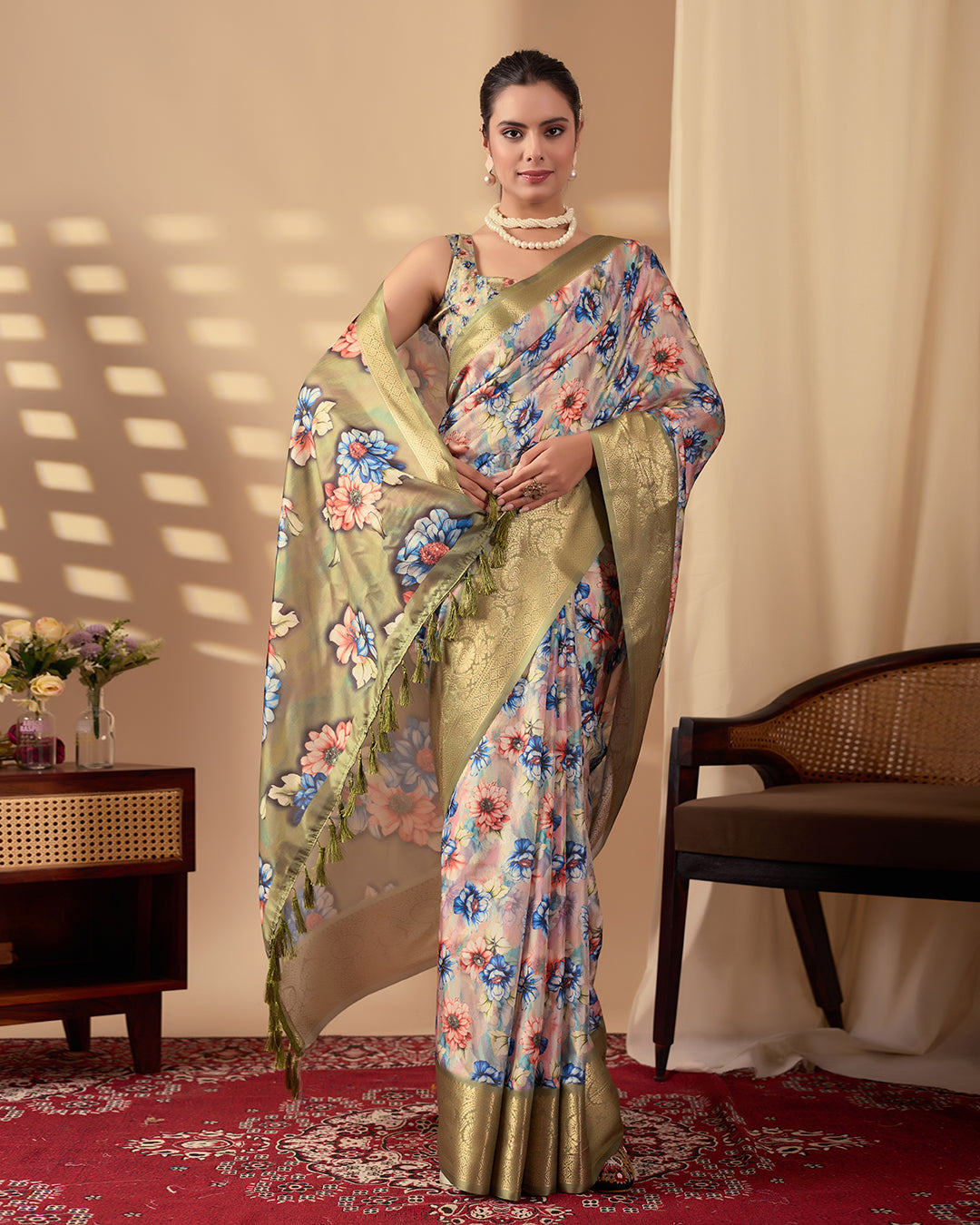 Elegant Soft Lichi Silk Saree adorned with mesmerizing digital floral patterns