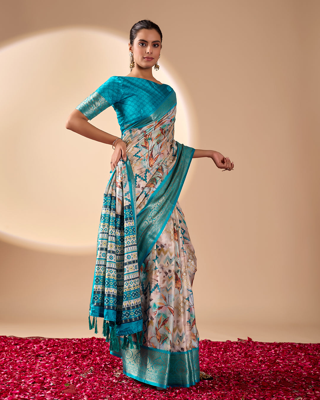 Soft Lichi Silk Saree featuring an Exquisite Combination of Modern Digital Print and Rich Traditional Zari Woven Border