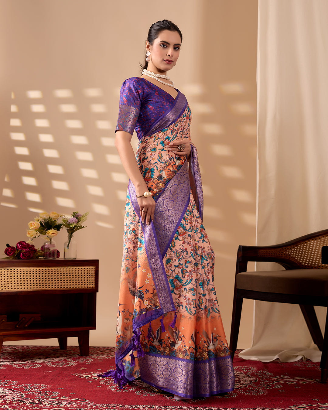 Elegant Soft Lichi Silk Saree featuring exquisite digital ethnic motifs and a royal purple golden zari border