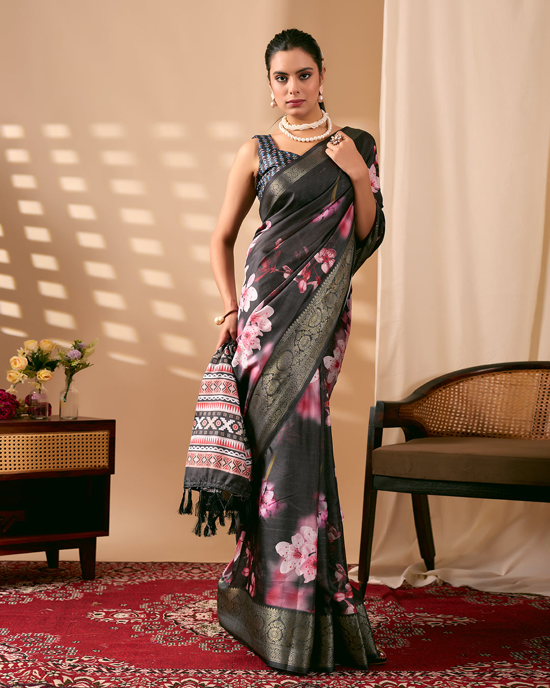 Stunning Soft Lichi Silk Saree featuring digital floral artistry on a deep elegant base with a rich golden zari border