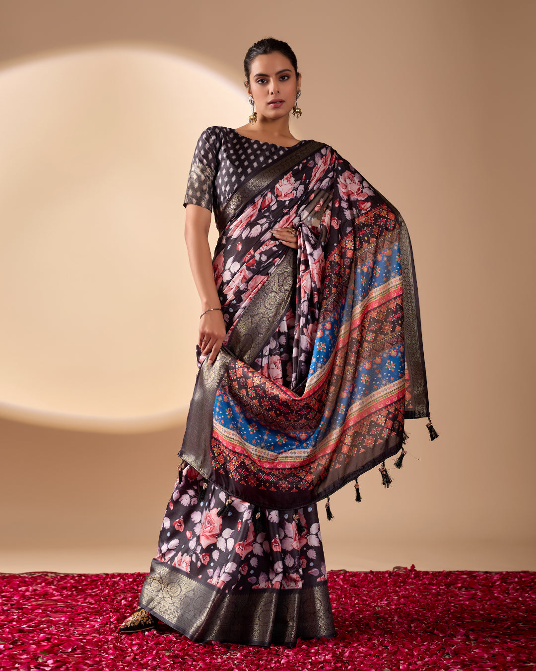 Premium Soft Lichi Silk Saree in Rich Black Tone, adorned with Artistic Floral Prints and a Vibrant Traditional Multicolor Pallu