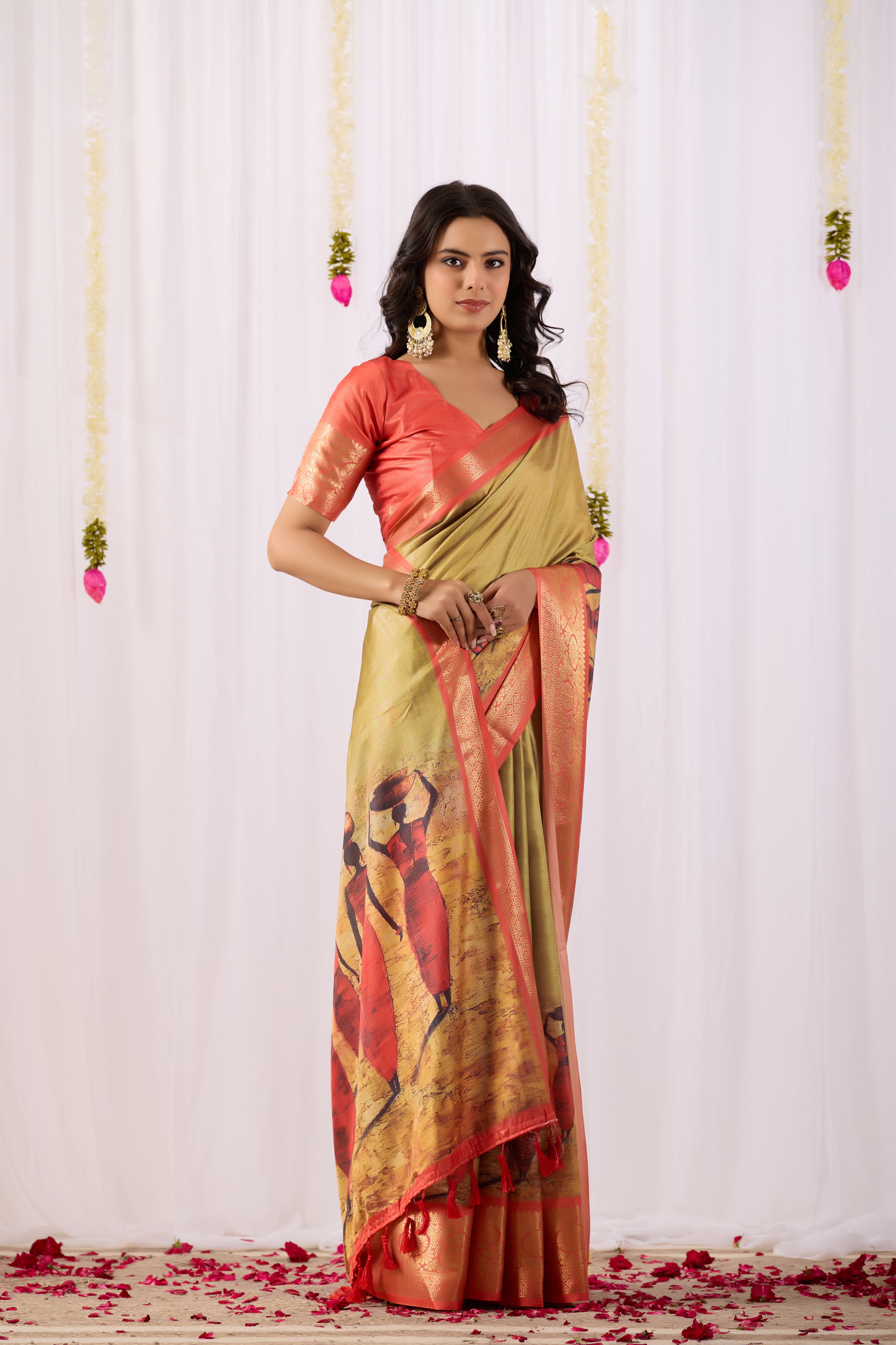 Soft Lichi Silk Saree with Elegant Tribal Art Print and Rich Zari Border