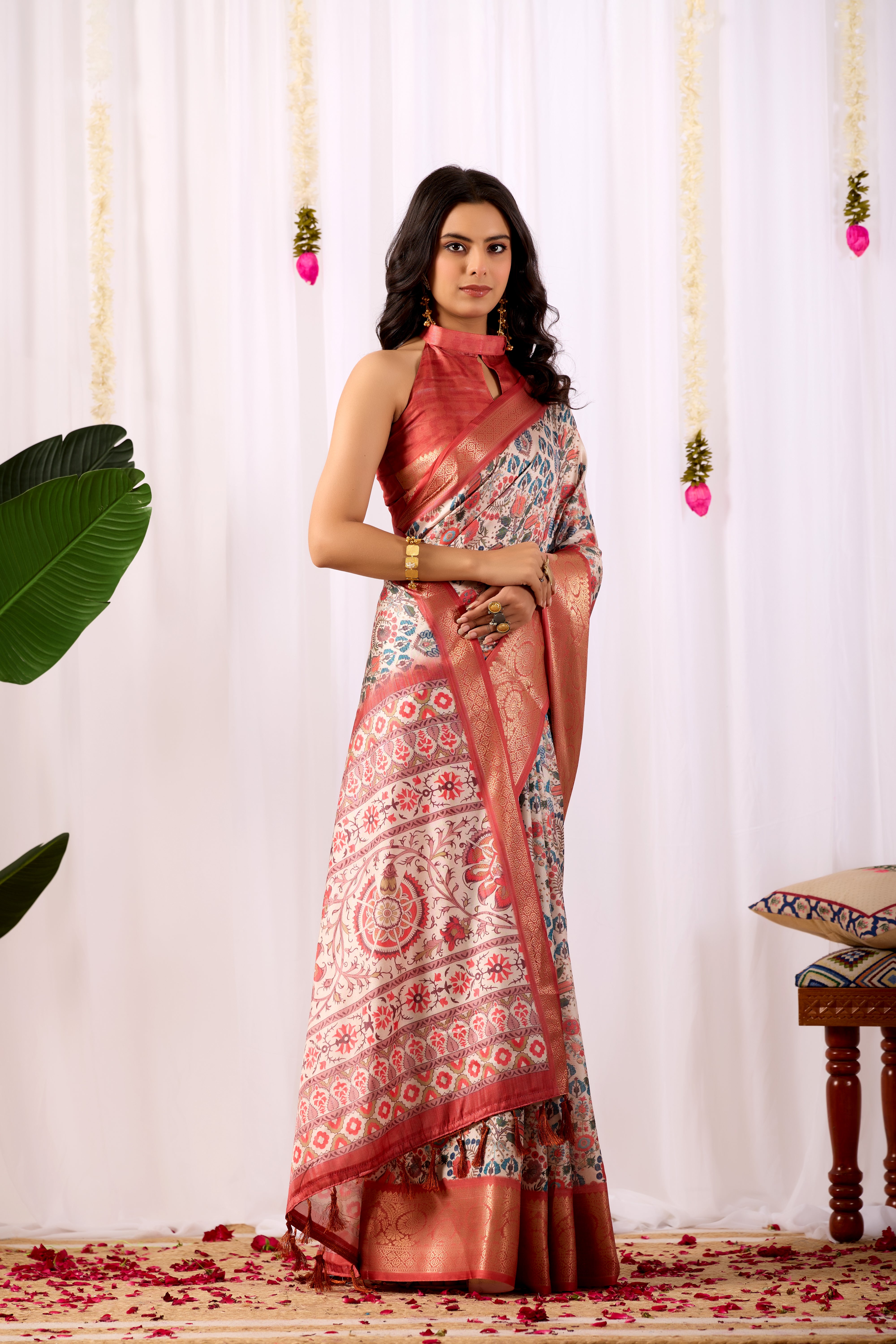 Premium Soft Lichi Silk Saree with elegant Patola-inspired geometric prints beautifully crafted with a luxurious zari woven border
