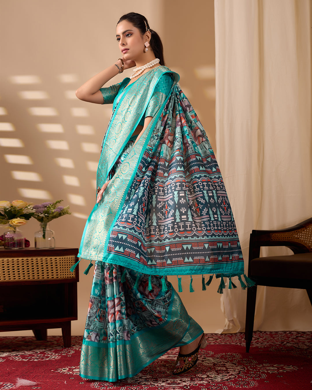 Premium Soft Lichi Silk Saree in Elegant Sea Green Shade, adorned with Artistic Abstract