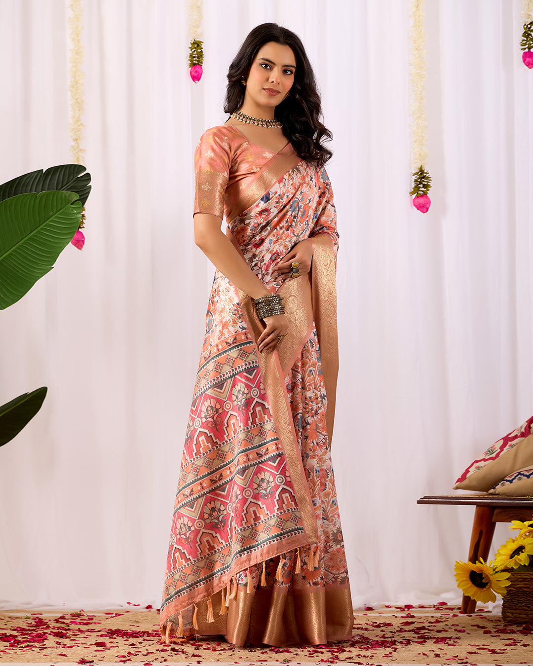 Premium Soft Lichi Silk Saree adorned with intricate floral digital weaving and luxurious golden zari border
